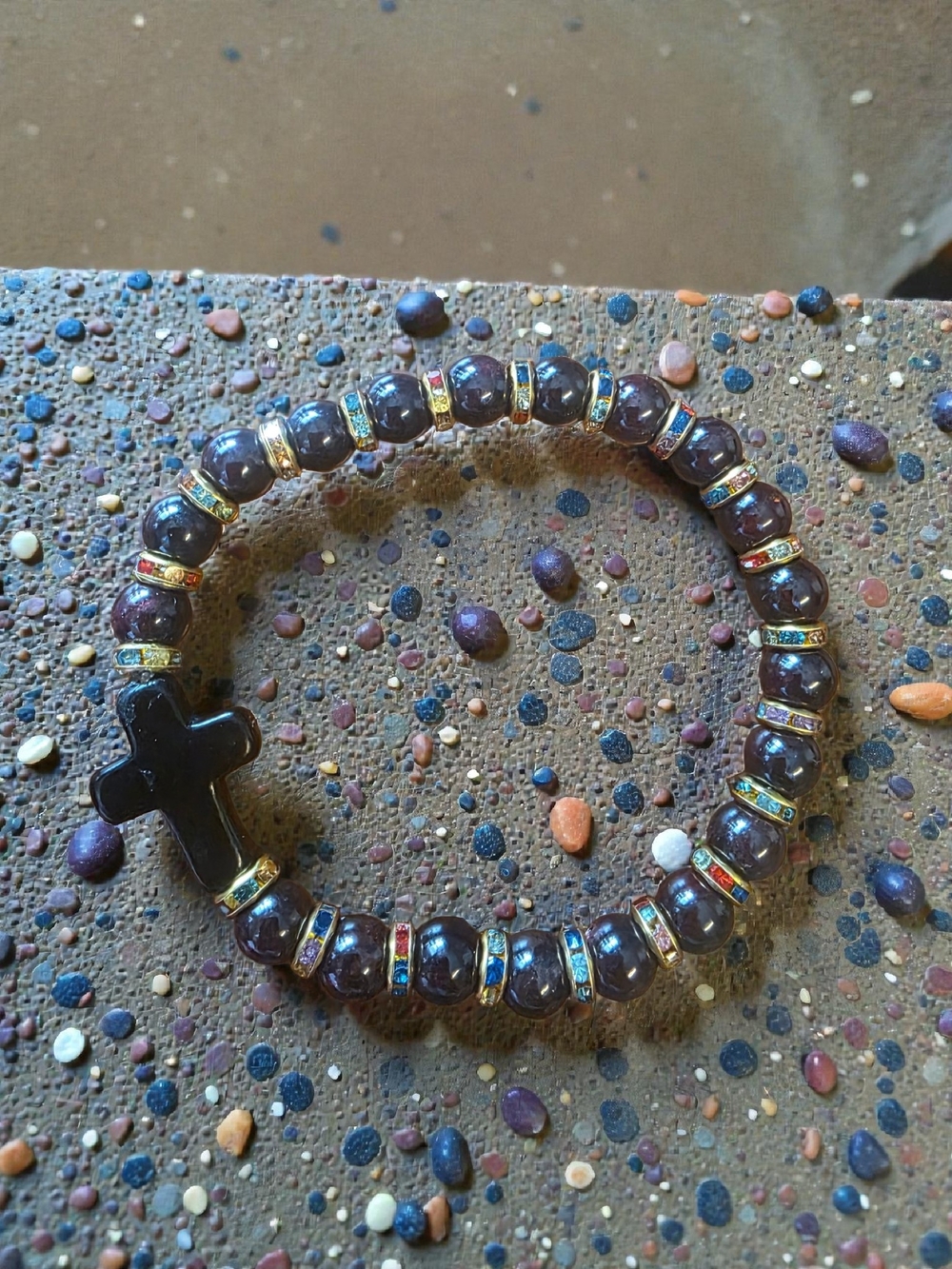 Handmade Hematite & Rhinestone Cross Stretch Bracelet
